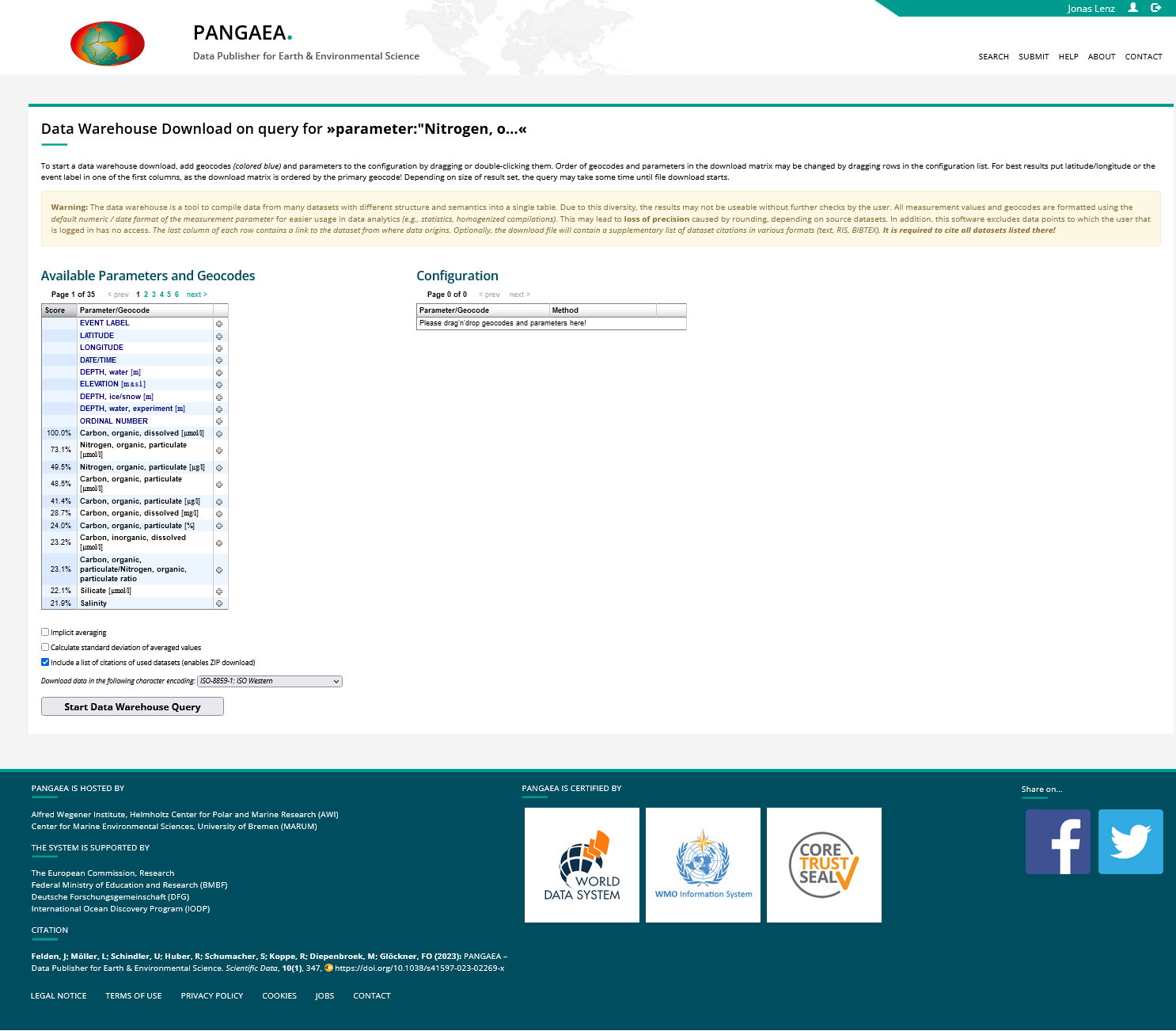 Screenshot of the example Pangaea Warehouse query